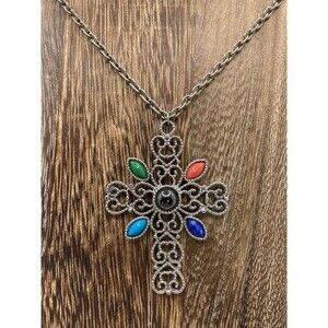 Vtg Avon Necklace Romanesque Cross Multicolor Cabs Silvertone Filigree 1972 25"